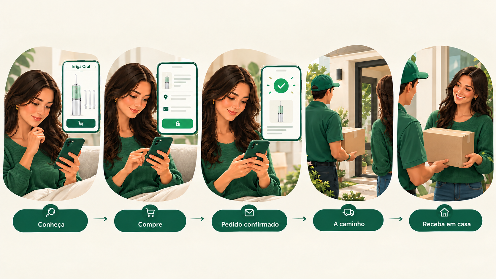 Jornada da compra em cinco etapas: conheça, compre, pedido confirmado, a caminho e receba em casa